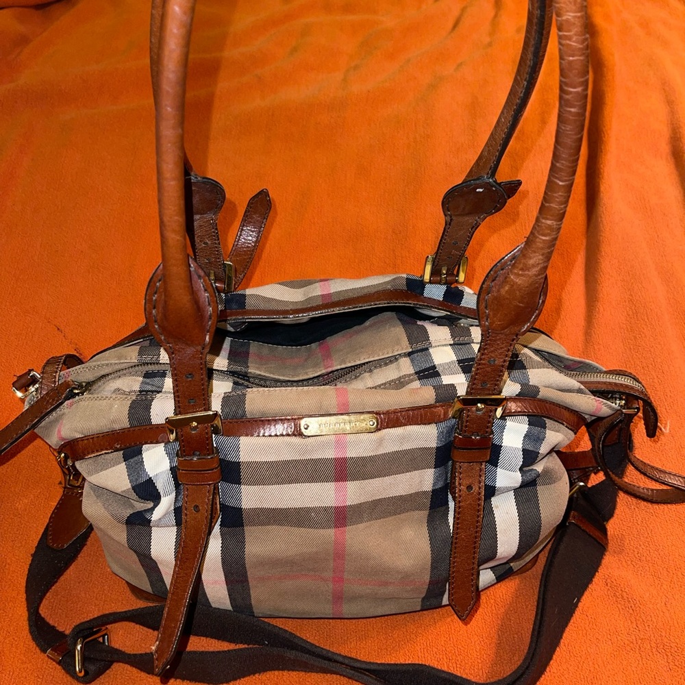 Vintage Burberry canvas and leather diaper bag with changing pad.